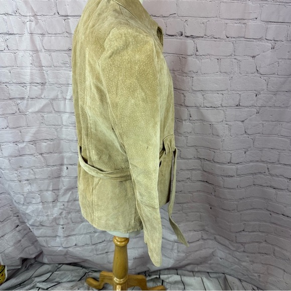 outer edge tan belted suede leather jacket sz medium classic neutral - Picture 2 of 11